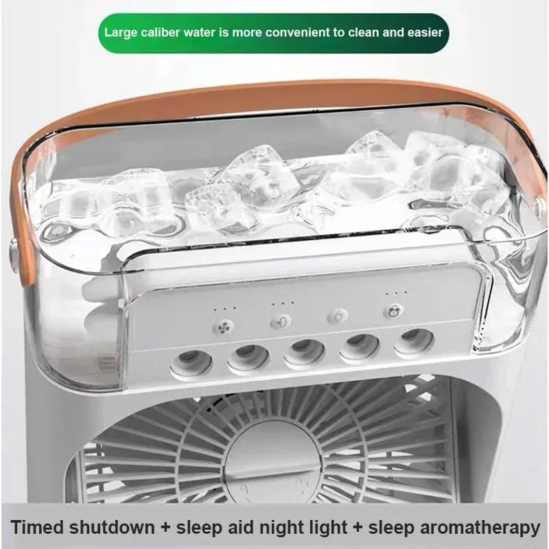 Portable 3-in-1 Air Cooler Fan with LED Night Light, USB Rechargeable, and Water Mist Function for Home and Office