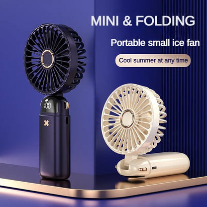 Foldable 3000mAh Handheld Mini Fan - Portable Neck Hanging Fan with 5 Speed Settings, USB Rechargeable, Phone Stand, and Display Screen